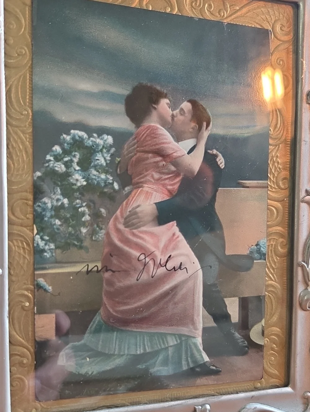 Pewter Ornate  Photo Frame - With 1900s Lovers Postcard